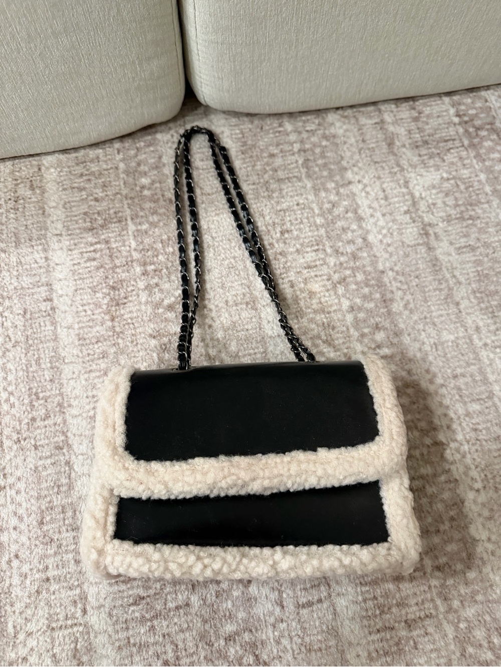 Amazon Black Shoulder Bag with Cream Shearling Trim